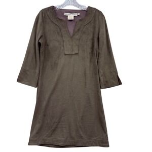 Gretchen Scott Women's Faux Suede Dress Shift Mini 3/4 Sleeve Grey Brown XS